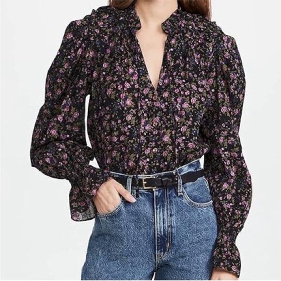 Free People Meant to Be Black Purple Floral Puff Sleeve Smocked Cotton Blouse S - Picture 8 of 15